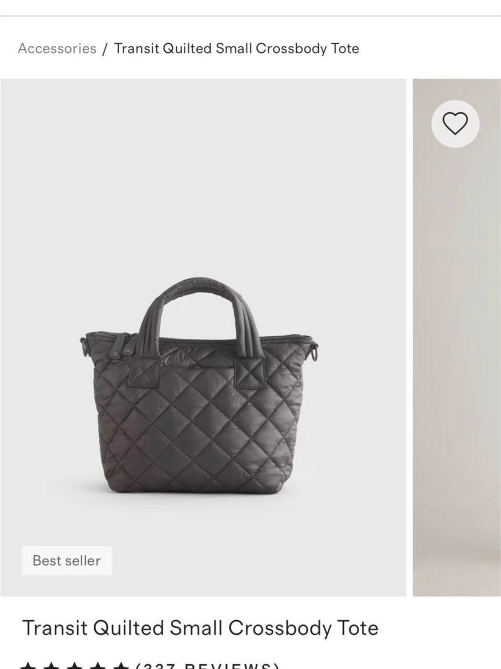 Quince Transit Quilted Bag Purse.  Black/Charcoal. No Strap.